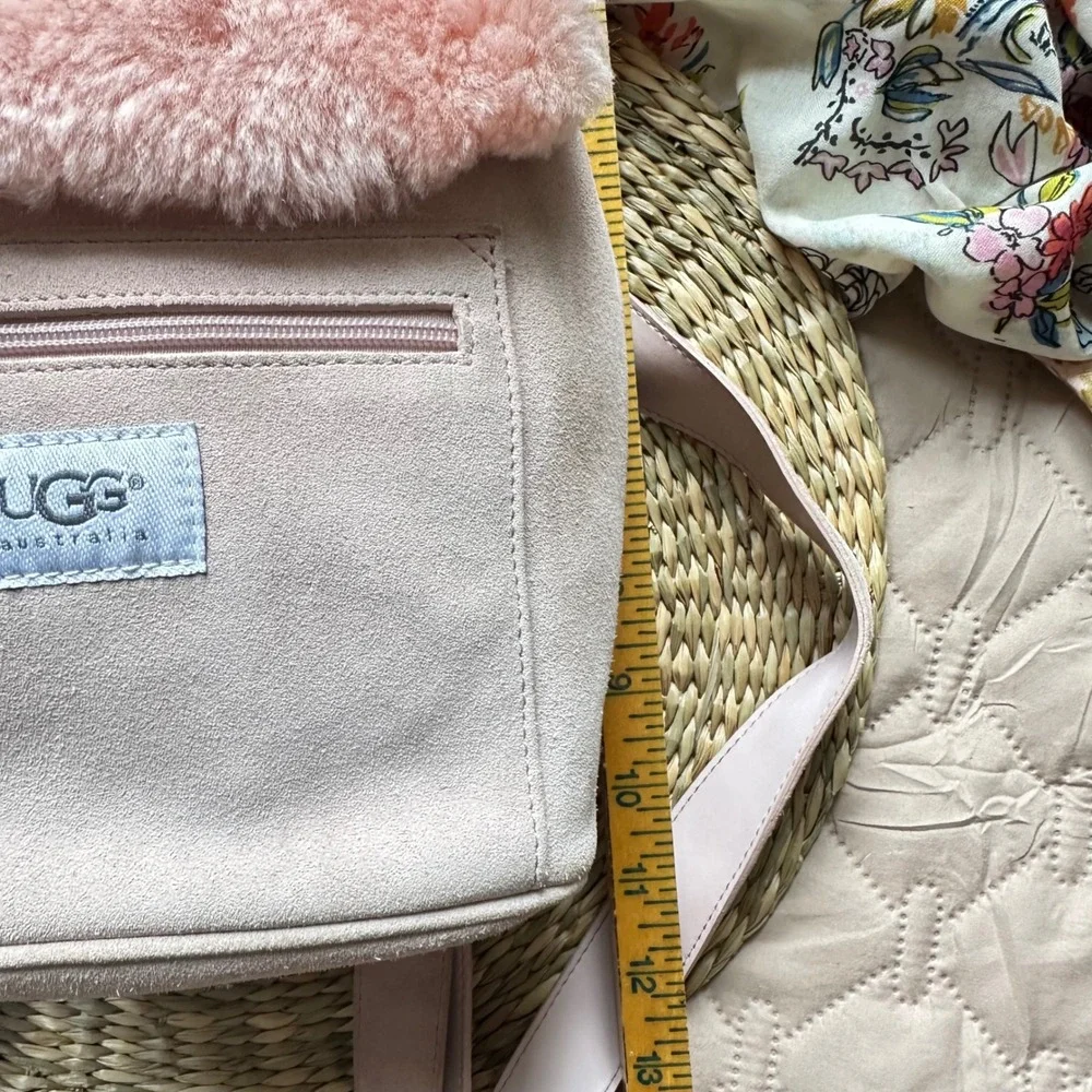 UGG Australia Mini Backpack Pink Suede Shearling‎ Fur Trim Drawstring Bag Small